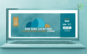 Pantalla de computadora portátil mostrando el anuncio del "XIV Encuentro Cloud Security Alliance España", que se celebrará el 19 de septiembre de 2024, con logotipos de los organizadores y una ilustración de nubes.