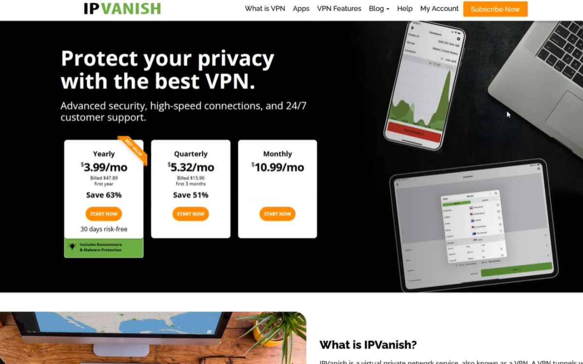 Vemos una captura de pantalla de la página de la VPN para Perú IPVanish. 