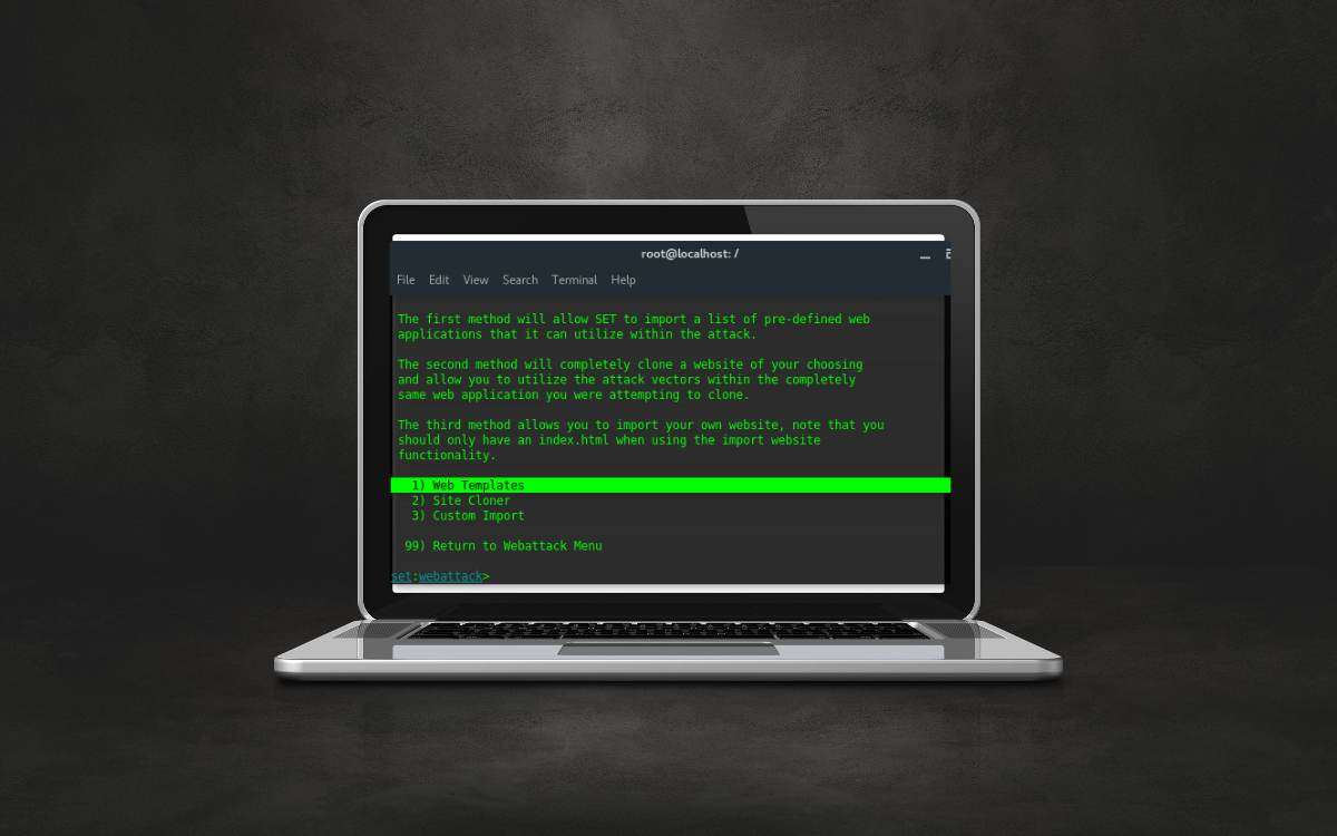 En la imagen se ve la interfaz de set, una herramienta para hacer pentesting en kali linux. 